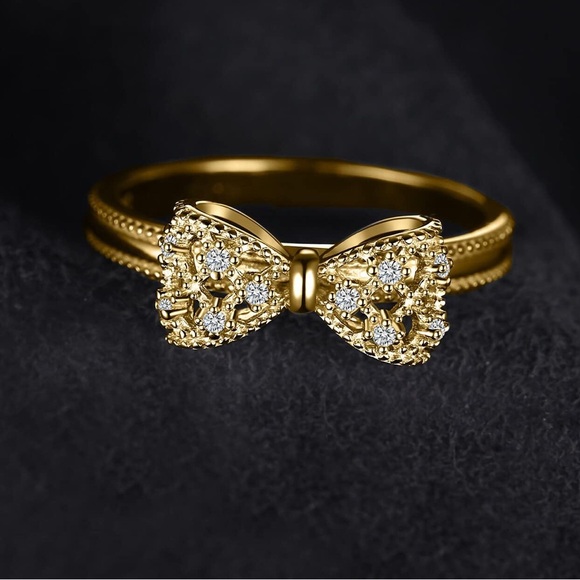 14k White Yellow Rose Gold Plated 925 Sterling Silver Gold Bow Ring - Picture 2 of 6